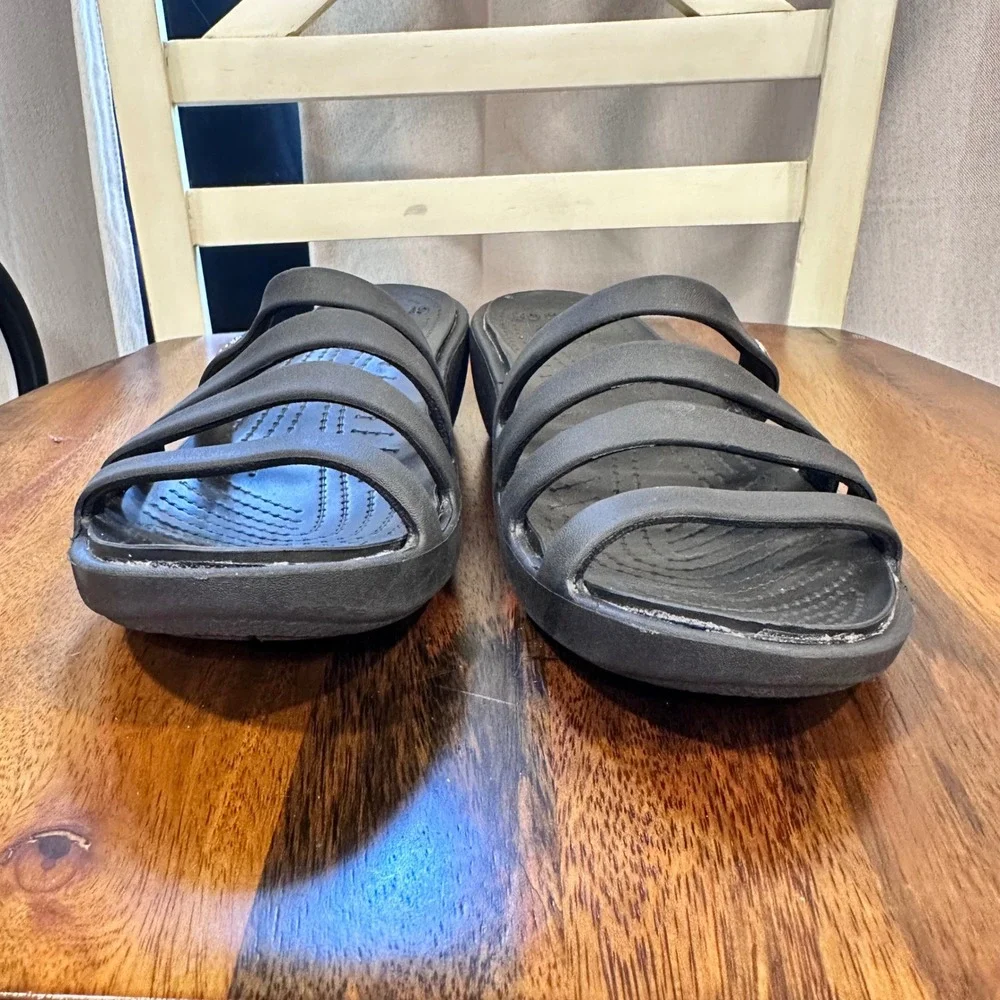 Crocs Wedge Sandals Women Size 8 Black Strappy Slide Comfort Casual Summer